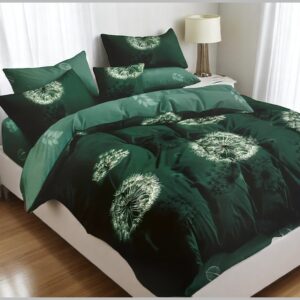 donkergroen dekbedovertrek met paardenbloem print 200x220 van Glow Thuis