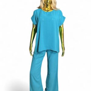 Blauwe dames tweedelige set – comfortabele lounge outfit met top en broek van GlowThuis