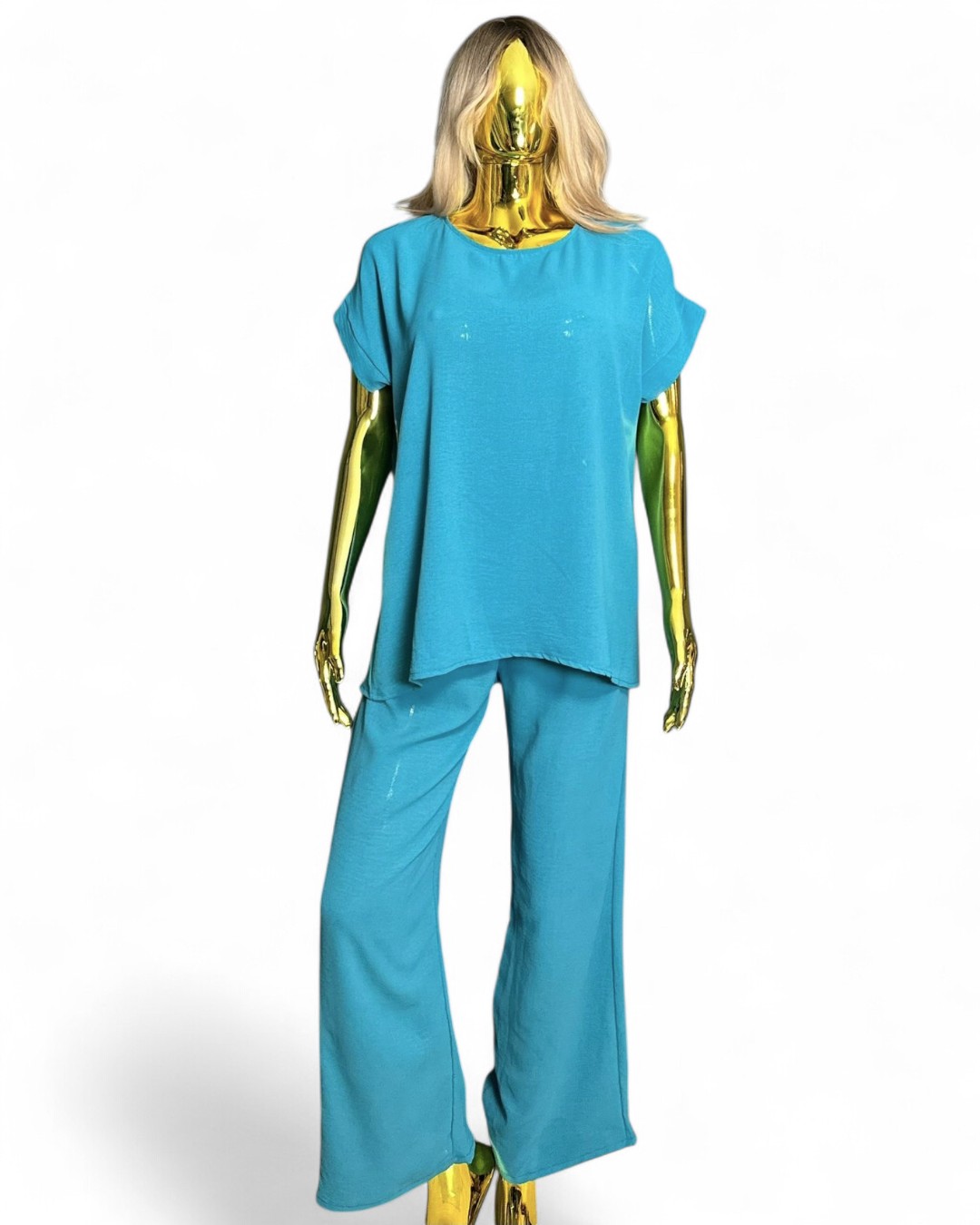 Blauwe dames tweedelige set – comfortabele lounge outfit met top en broek van GlowThuis